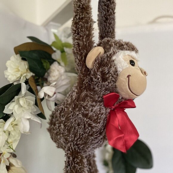 Vintage Pier One 1‎ Imports Brown Hanging Monkey Plush Poseable Animal 26" Bow - Picture 8 of 16